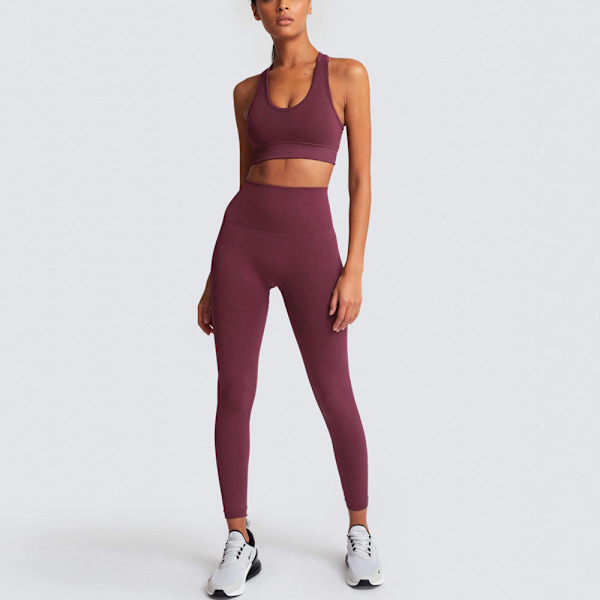 Europeisk och amerikansk enfärgad sömlös stickad höft Yoga Dräkt Tränings Outfit Väst Dräkt Kvinnor 6095 bra set-wine red M