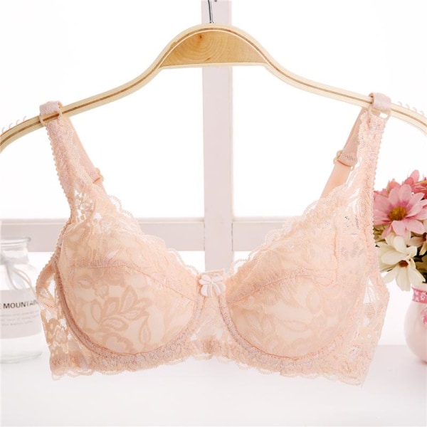 Dam Spets BH Djup V Push Up BH Formande Vadderad BH Underkläder Broderi Lingerie Plus Size BH Beige 34B