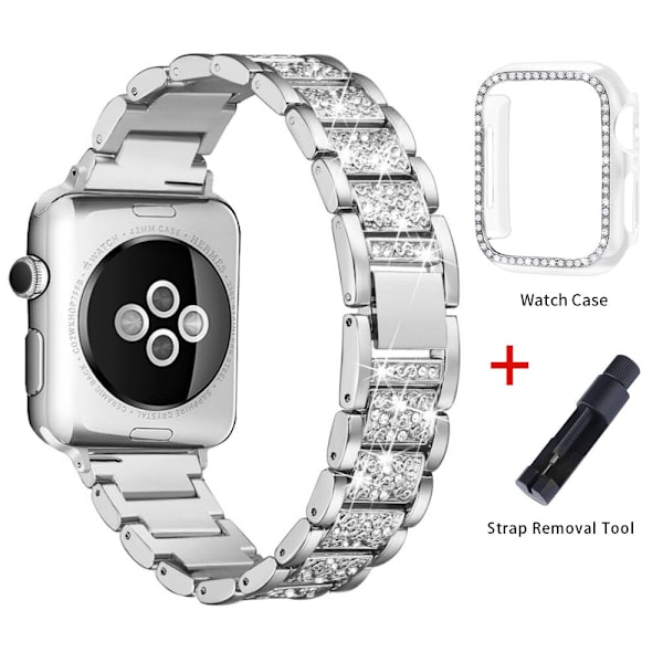 Armband + Fodral Metallarmband för Apple Watch Series 6 Armband 40mm 44mm Diamantring 38mm 42mm Rostfritt Stål Armband iwatch 6SE431 Band plus Case 5 42MM For 3 2 1