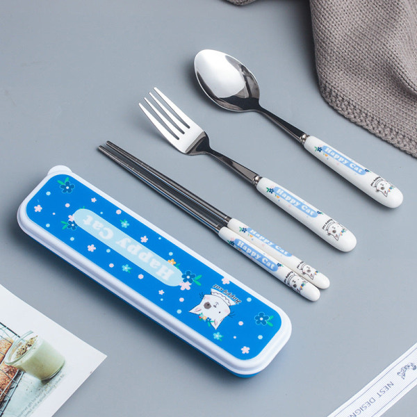Keraaminen ruostumaton teräs astiasto lasten astiasto kolmiosainen sarjakuva kannettava astiasto haarukka lusikka ja syömäpuikkosetti Bear three-piece set