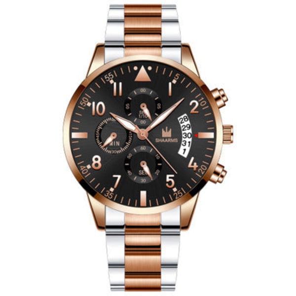 Herrklocka med stålarmband, falsk tre-ögon design, digital skala, herrkalender, mode quartzklocka Gold strap