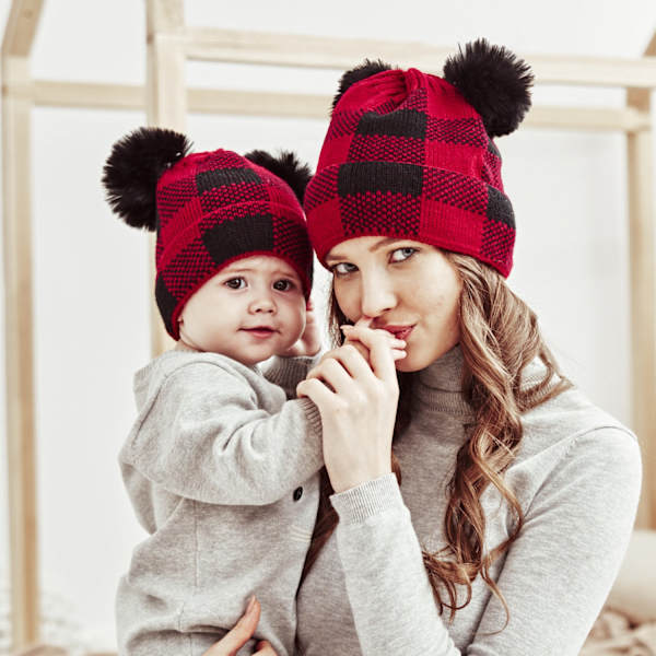 Uusia tuotteita varastossa Syksy ja talvi Turkis Pallo Vanhempi-Lapsi Neulottu Hattu Tehdas Tukkumyynti Ruudullinen Äiti Vauva Joulu Lämmin Hattu Parent-Child Average size