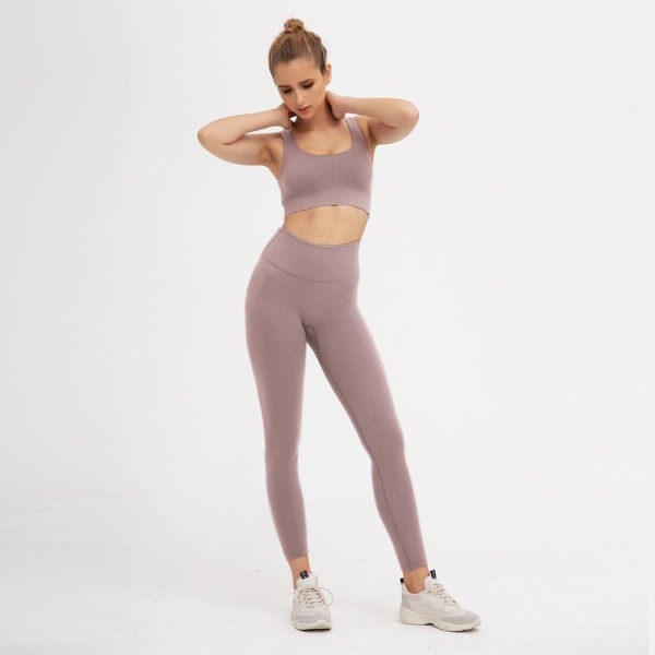 Ribbade Yogaset Fitness BH och Seamless Leggings för kvinnor Pink L