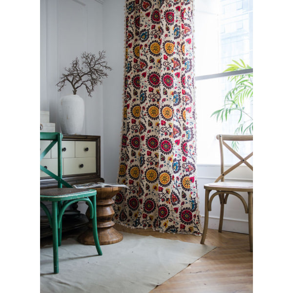 Solrosmönstrad Gardin med Toppar Bohemisk Bomull Linne Halvskuggande Sovrum Vardagsrum Burspråksgardiner Dekor cortina As Show 1pc W150cm x H180cm