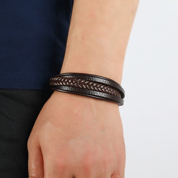 Populär Ornament Enkelt Vävt Läderarmband Enkelt All-Match Herr Magnetspänne Armband White alloy buckle black leather