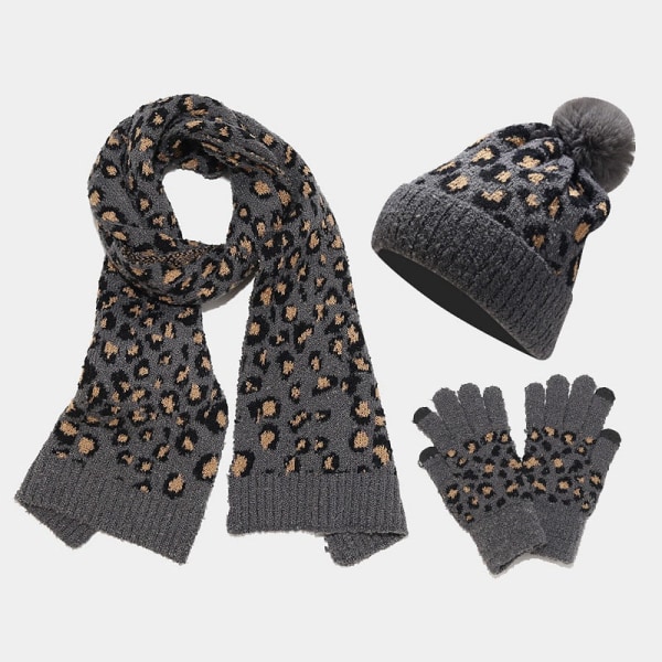 Strikket Hatt Sett Moderne Dame Leopardtrykk Varm Ullhatt Skjerf Hansker Tredelt Sett Gray