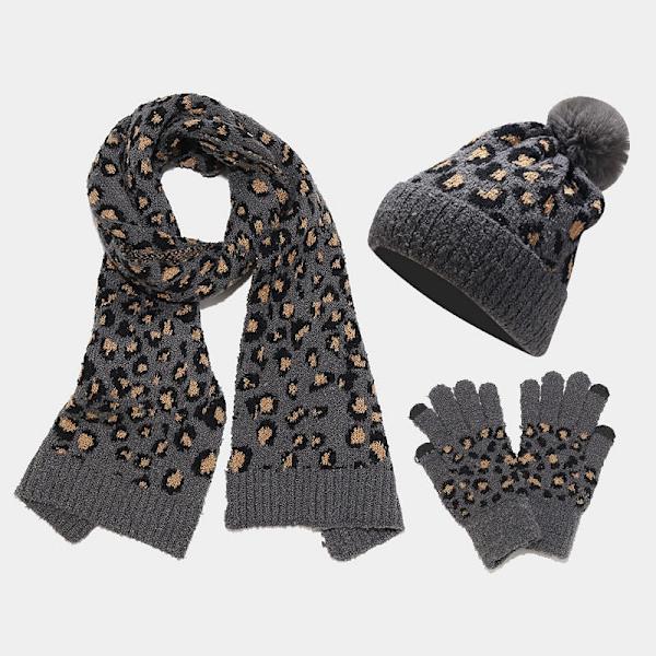 Strikket Hatt Sett Moderne Dame Leopardtrykk Varm Ullhatt Skjerf Hansker Tredelt Sett Khaki