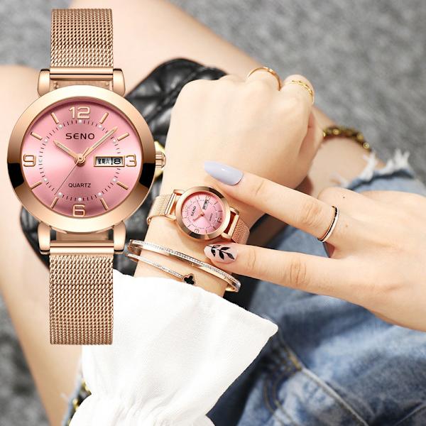 Kvartsikello Ei-mekaaninen Naisten Kello Valoisa Vedenpitävä Kaksoiskalenteri Naisten Opiskelijan Teräsrannekello Rose gold face