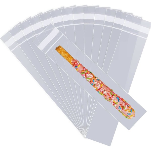 100 stk. 2\" x 8\" Lange, klare, gjenlukkbare cellofanposer, selvklebende godteposer, kjeks poser med selvklebende klaff, gaveinnpakning, polyposer, plastemballasje 1.4