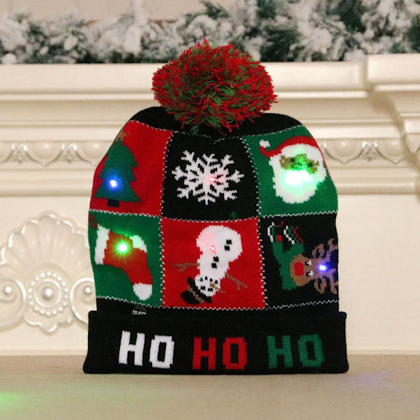 Juldekorationstillbehör Stickad Julhatt för Vuxna och Barn Färgglad Självlysande Stickad Hatt Exklusiv Äldremodell Knitted hat [Plaid elderly]]