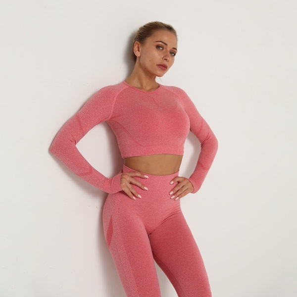 Europeiska och amerikanska sömlösa yogakläder, långärmad, hög elastisk, plisserad, snabbtorkande, långärmad fitness yogatopp 6205 Long Sleeve-Blue M
