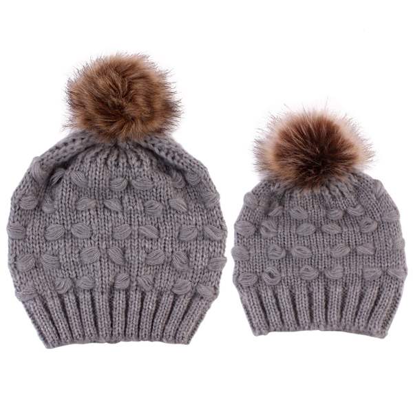 Förälder-Barn Stickad Mössa Tillverkare Fjäril Pälsboll Varm Mössa Gray Average size