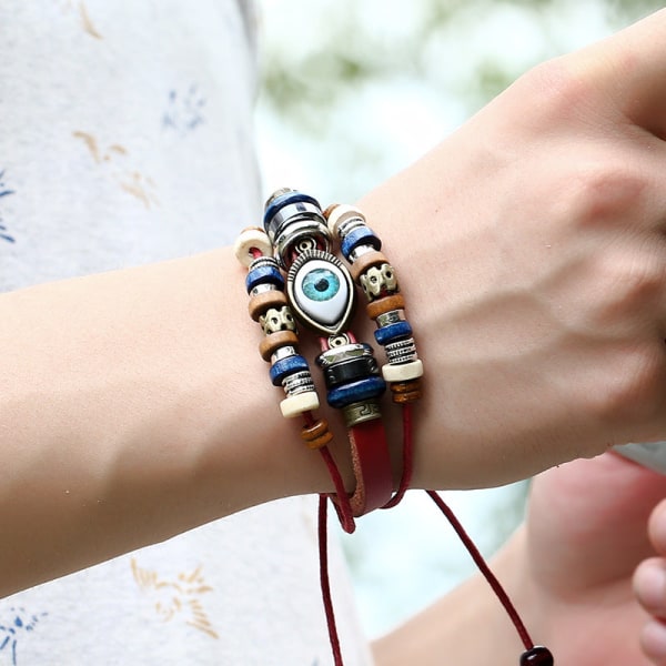 Populär Ornament Nytt Pärlbroderade Ögon Nötskinn Armband Utdragbart Justerbart Par Läderarmband Light brown