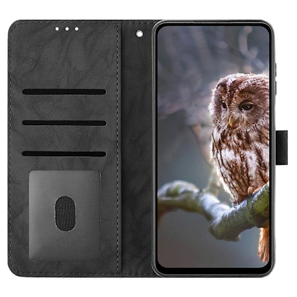 Fodral för Samsung Galaxy A16 4G 5G Uggla Präglat PU Läder Plånbok Telefonfodral med Handledsrem - Pur Black