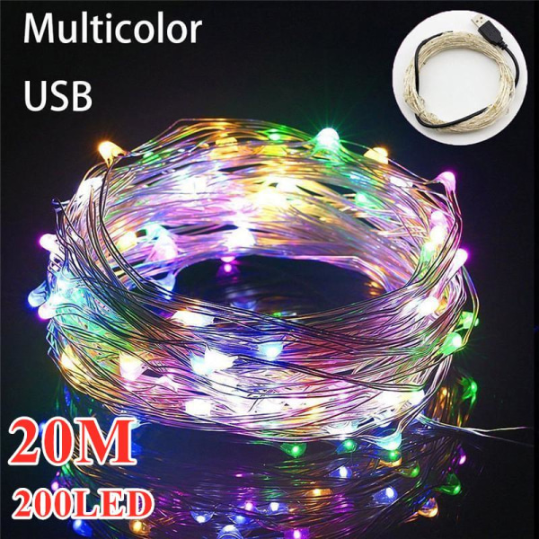 20M USB Led Gardin Ljus Koppartråd Fairy Light Garland Trädgård Bröllopsdekoration Strängljus White USB LED-10m