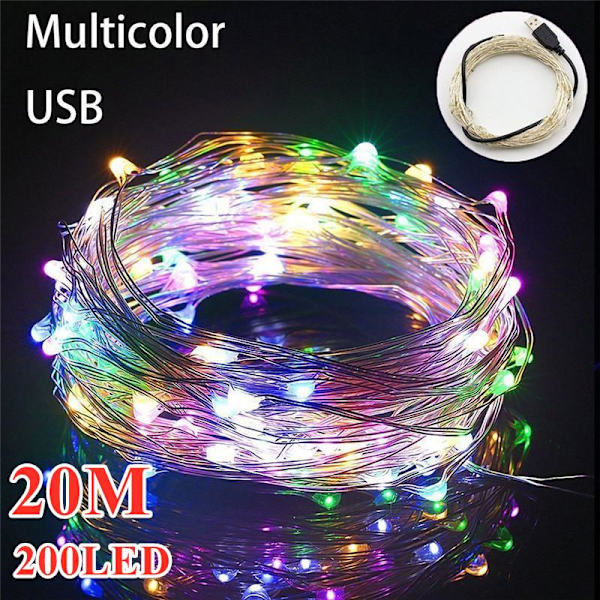 20M USB LED Gardinljus Koppartråd Fairy Light Girlang Trädgård Bröllopsdekoration Ljusslingor Multicolor USB LED-20m