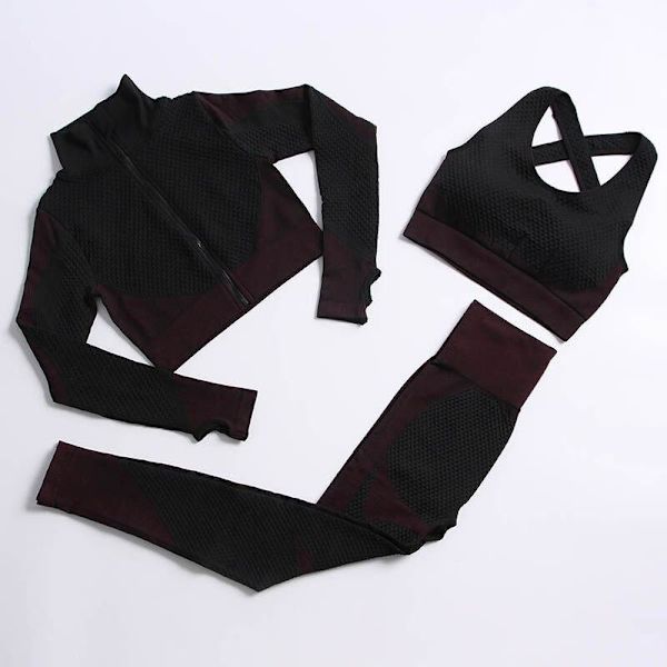 Yoga Set Träningskläder gym fitness för damer träningsdräkt 3 Pcs set Wine red M