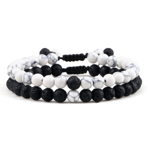 Par Distance Pärlor Armband Klassisk Svart Matt Grön Malakit Armband Lämpliga Kvinnor Män Yoga Elastisk Strand Smycken White Lava A