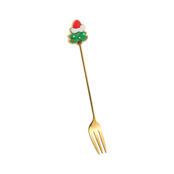 Q Julklapp Kreativ Liten Sked Gyllene Älg Tecknad Fruktgaffel Julgran Gammal Man Dessert Kaffesked Christmas tree Golden Fork