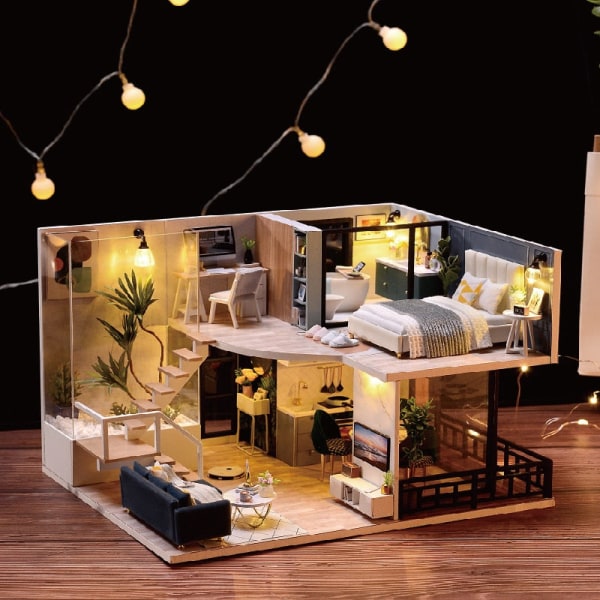 Cutebee DIY DollHouse Kit Trädockahus Miniatyrdockhus Möbelsats med LED-leksaker för barn Födelsedagspresent L32 JM33A