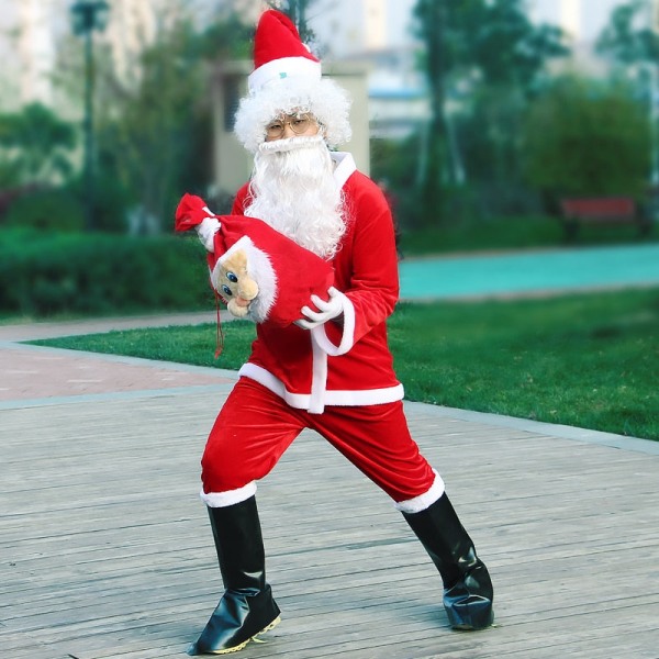 Julemandskostume mænd hat bælte skæg gavepose cosplay sød sjov polyester materiale ny stil Hvid og rød 7PCS 4XL