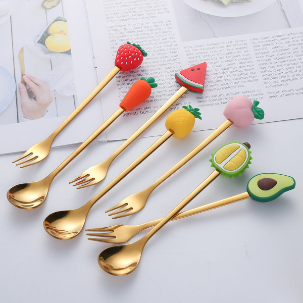 Fruktgaffel Söt Barnservis Vattenmelonsked Docka Tårta Dessertgaffel Rostfritt Stål Kaffesked Red Strawberry Golden Fork