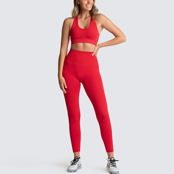 Europeisk och amerikansk enfärgad sömlös stickad höft Yoga Dräkt Tränings Outfit Väst Dräkt Kvinnor 6095 bra set-wine red L