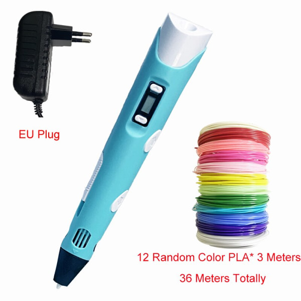 3D Printing Pen 3D Pen OLED Display med 12 färger PLA/ABS filament 3D ritskrivare för barn/vuxna Kreativ designritning Blue EU-36M PLA