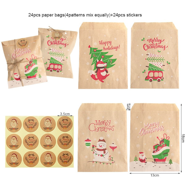 24 sæt julekraftpapirsposer Julemand Snemand Ræv Julefest Gavepose Slikkagepose Gaveindpakningsartikler 24sets Xmas Pattern2