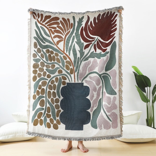 Vävd filt med blommigt prästkragemönster Väggmatta Sofföverdrag Sängrumsdekor Tofsar Trådfilt Stor Pläd Tapestry Picknickmatta D 125x150cm