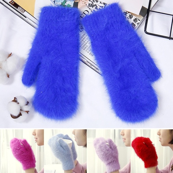 Elastiska helfingerhandskar för damer, söta kaninullshandskar, vintervantar för kvinnor, mode enfärgade vantar, tjocka varma handskar White One Size