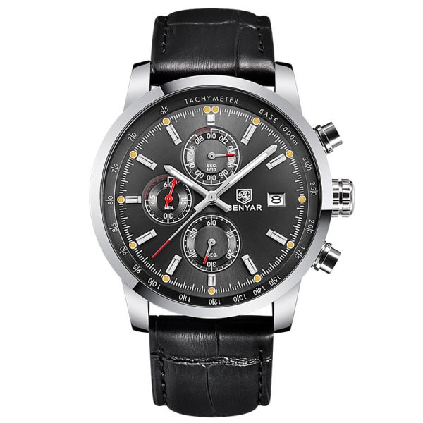 Binya Sports Utendørs Multifunksjonelt Belte Herreklokke Vanntett Quartz Klokke for Menn White Shell gray surface steel belt