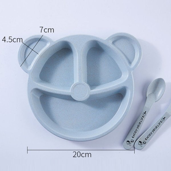 Babyskål+ske+gaffel Madning Mad Service BPA Fri Tegneserie Bjørn Børne Tallerkener Baby Spisesæt Anti-varm Trænings Tallerken Blue Set