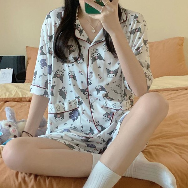 Sommer Ins Kortærmede Shorts Søde Kulomi Sommer Pyjamas Studenter Tidligt Efterår Cardigan Hjemmetøj Like the picture XL