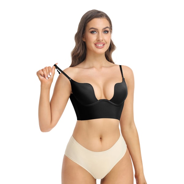 Dam Deep U Multi-Way Push Up Cabriolet Low Cut Plunge BH Shapewear Bygel Seamless Vadderad Body Shaper Rygglösa underkläder Black XL