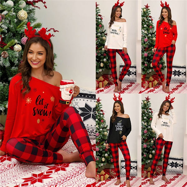 Joulu Pyjamat Yhteensopivat Perhe Pyjamat Kaksiosaiset Naisten Pyjama Setit Pitkähihainen Löysä T-paita Toppi+ Ruudulliset Housut Puku White XL