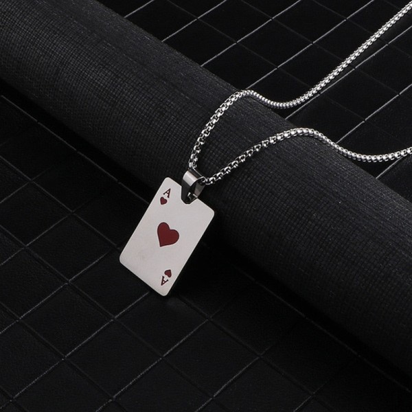 Herre Statement Poker Lucky Ace of Spades Vedhæng Halskæde Rød Sort Sølvfarve Rustfrit Stål Lang Kæde Halskæder Smykker thick smile