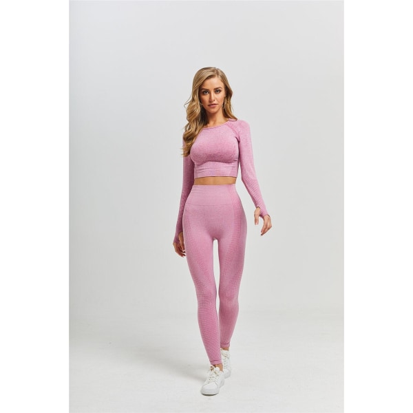 Yoga Sæt Sømløs Langærmet Crop Top Højtaljede Gym Fitness Leggings Til Kvinder Pink G L