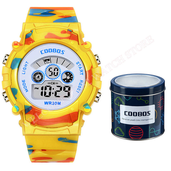 Navyblå Camouflage Børneure LED Farverig Flash Digital Vandtæt Alarm Til Drenge Piger Dato Uge Kreativt Børneur 1066 yellow and box