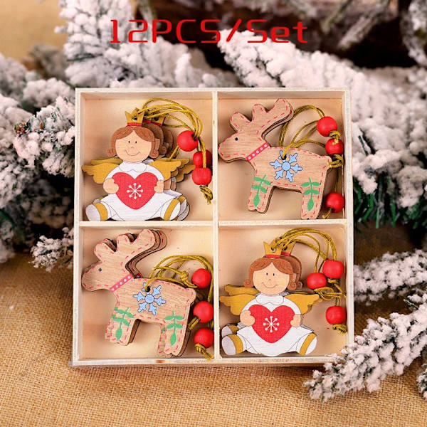 9/12 kpl Joulutonttu Puinen Riipus Enkeli Joulupukki Joulukuusen Riipukset Koristeet Navidad Hyvää Uutta Vuotta 2024 C-04 (12-piece set)