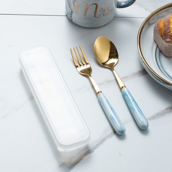 Marmorikuvioinen ruokailuvälinesetti ruostumatonta terästä titaanihaarukka lusikka ja syömäpuikot kannettavat ruokailuvälineet Blue Spoon chopsticks suit