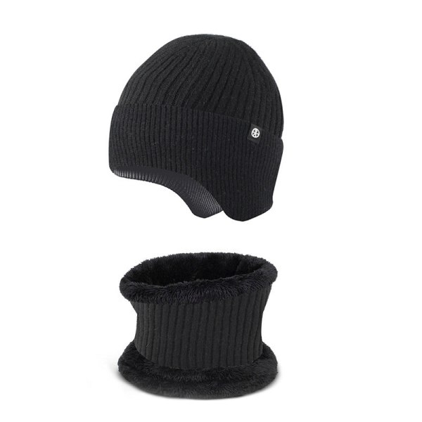 Varm Ørebeskyttelse Lue Skjerf Todelt Sett Vinter Utendørs Fleeceforet Strikkedrakt [Thread type black] two-piece set