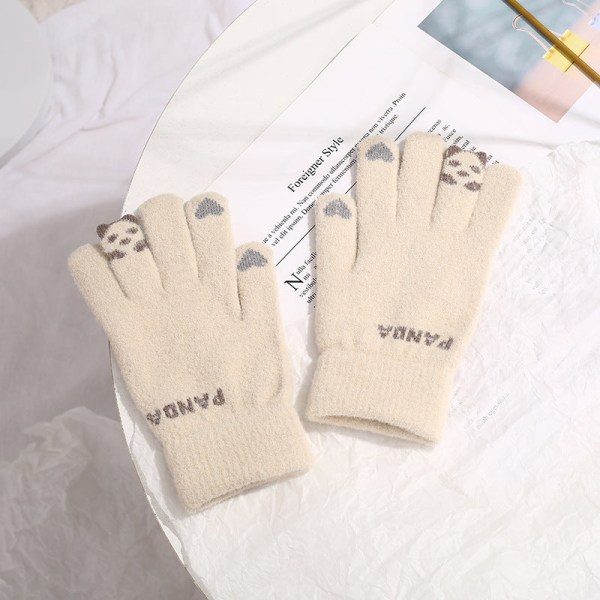 Varma vinterhandskar för utomhuscykling, stickade handskar, söta köldtåliga pekskärmshandskar Beige One size