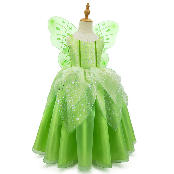 Cosplay Flickor Fest Inspirerad Tingeling Grön Fe Prinsessa Klänning Kostymer med Vingar Set Full set with wig 120(5-6Y)