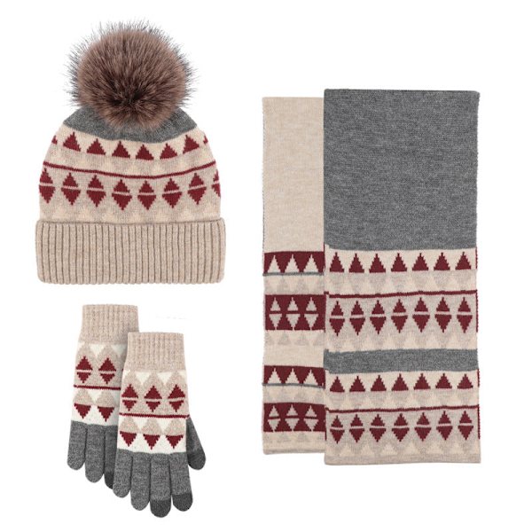 Handskar Halsduk Mössa Tredelat Set Ull Varm Köldtålig Pälsboll Halsduk Tredelat Set Red Triangle [three-piece set]]