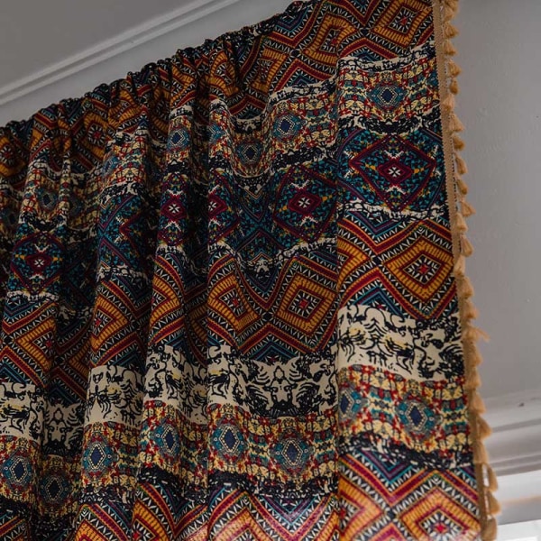Boheme Gardiner Etnisk Stil Gul Firkantet Trykt Soveværelsesgardin Wear Rod-yellow square coffee broom Width 145 * height 200cm(430g)