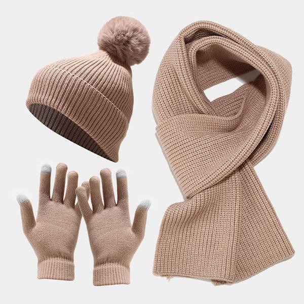 Neulottu pipo, huivi ja käsineet, kolmiosainen, paksuuntettu, lämmin turkispallopipo ulkoiluun Beige