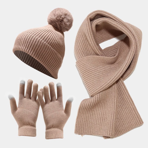 Stickad Mössa Halsduk Handskar Tredelat Utomhus Förtjockad Varm Pälsbollsmössa Beige