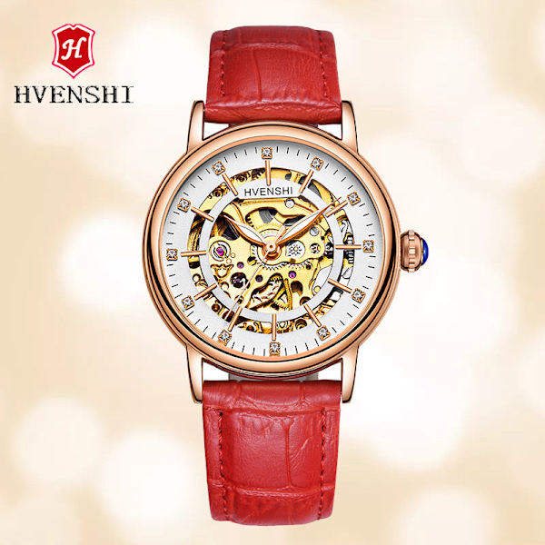 Huangshi Klocka Dam Hollow Luminous Automatisk Mekanisk Klocka Mode Bälte Business Damklocka YSW065S rose gold Red Ribbon