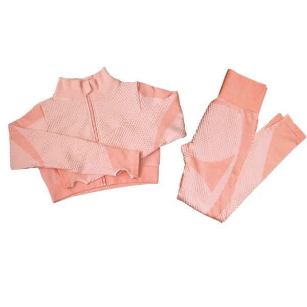 Yoga Set Långärmad Tröja+Sport-BH+Sömlösa Leggings Träningskläder Löparkläder Gymkläder 2pcs Pink Suits L